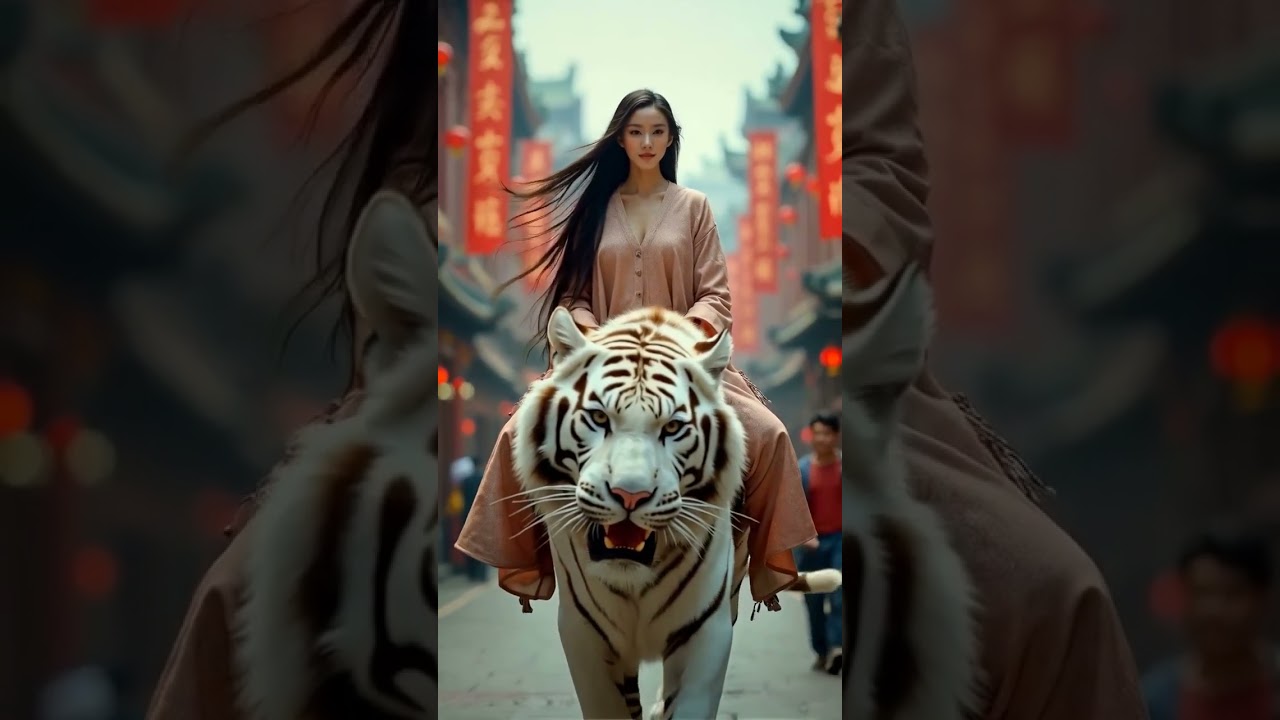 Une femme magnifique chevauche un tigre féroce en pleine rue – Scène incroyable