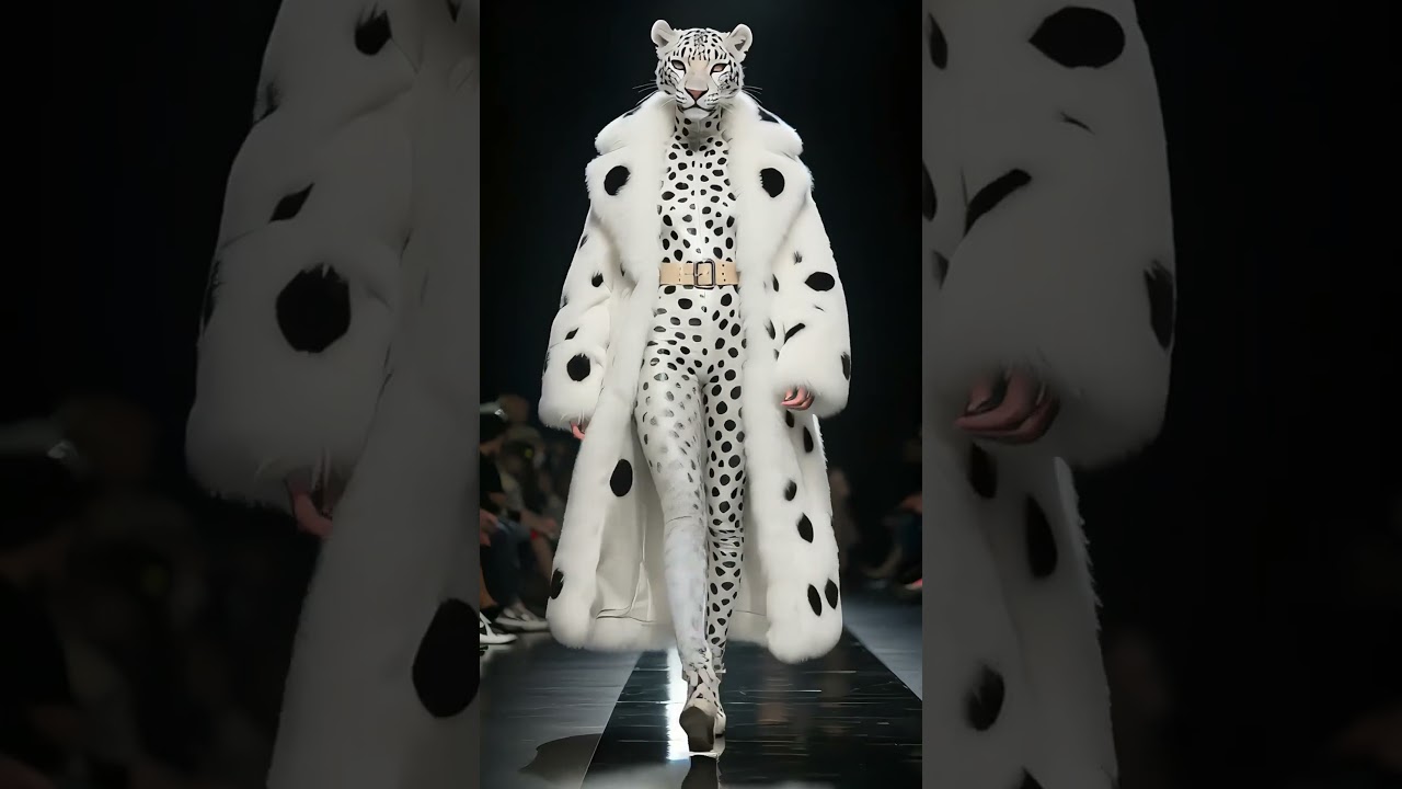 Mannequin humanoïde à tête de léopard des neiges : défilé futuriste sur podium automatisé
