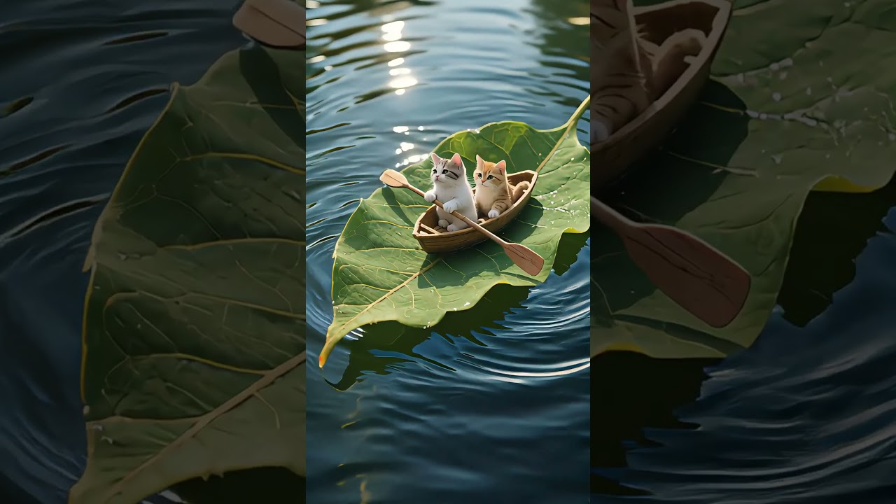 Deux adorables petits chatons dans un bateau en forme de feuille
